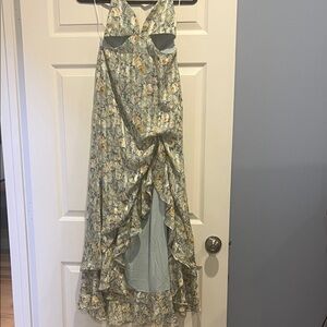 Hello Molly Sage Green Floral Ruffle High-Low Slip Dress